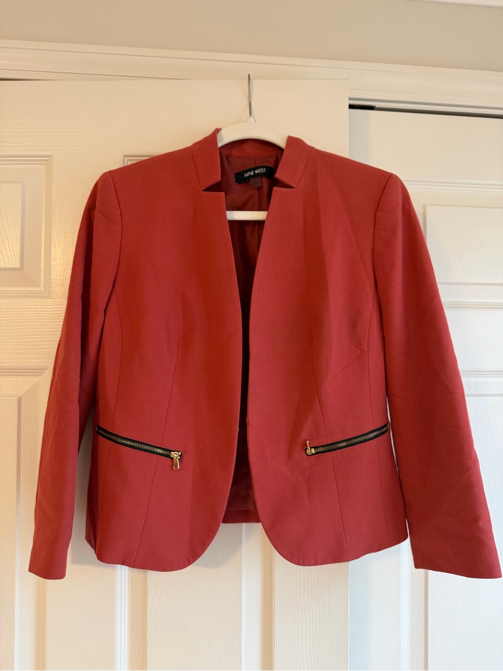 Nine West Coral-Red Collarless Open Front Blazer